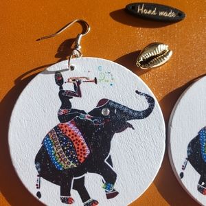 African Elephants Wooden Painted Earrings Eth